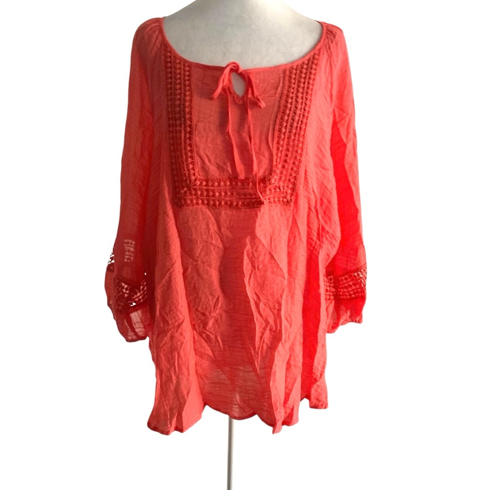 NWT Dress Barn Plus Size 3X Bright Coral Light Weight Key Hole Blouse Top